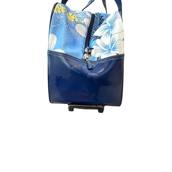 Vintage ROXY Blue White Floral Print Leather Rolling Duffle Bag - Picture 9 of 12